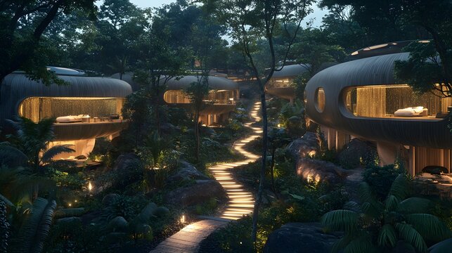 A visionary eco-resort featuring sleek, shifting holographic cabins nestled in a verdant environment, with enchanting bioluminescent trails guiding guests through the grounds, highlighting a 