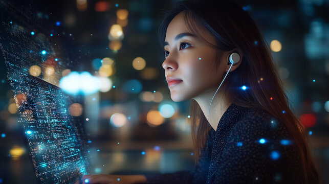 Businesswoman at computer, video conference. Immersion in cyberspace. Internet of Things. AI generated. - Powered by Adobe