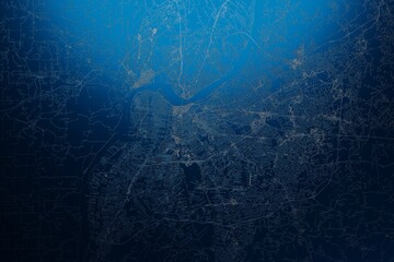 Street map of Louisville (Kentucky, USA) engraved on blue metal background. View with light coming from top. 3d render, illustration