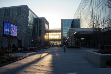 Obraz premium Modern Office Building Entrance with Sunburst Through Glass