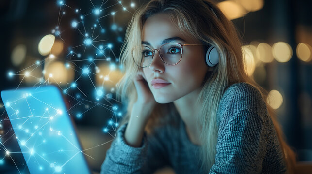 Businesswoman at computer, video conference. Immersion in cyberspace. Internet of Things. AI generated. - Powered by Adobe