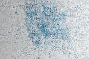 Fototapeta premium Map of the streets of Columbus (Ohio, USA) made with blue lines on white paper. 3d render, illustration