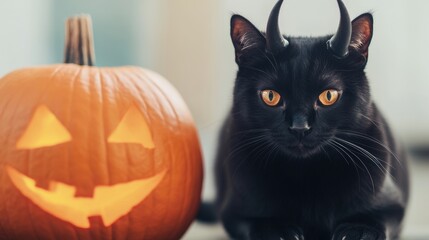 Black cat with devil horns beside a glowing jack-o'-lantern, AI