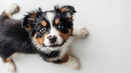 Happy cute puppy looking at camera on white background