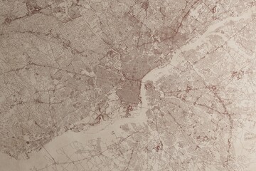 Map of Philadelphia (Pennsylvania, USA) on an old vintage sheet of paper. Retro style grunge paper with light coming from right. 3d render