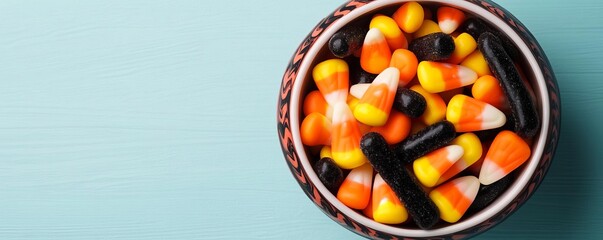 Black licorice and candy corn in a decorative bowl, Halloween candy display, concept