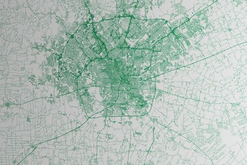 Map of the streets of San Antonio (Texas, USA) made with green lines on white paper. 3d render, illustration