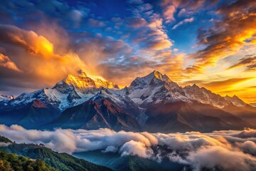 Obraz premium Sunrise over Himalayan peaks Annapurna IV and Annapurna II covered in clouds, illuminated by sunrise