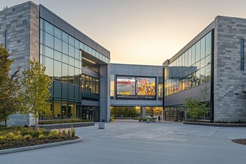 Obraz premium Modern building complex with glass facade and landscaping