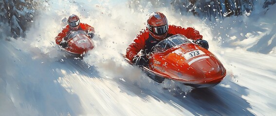 Naklejka premium Two racers in red suits compete on snowmobiles through a snowy landscape.