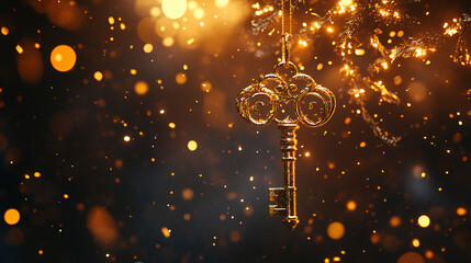 A beautifully detailed golden key dangles amidst sparkling bokeh lights, evoking a sense of mystery, elegance, and magical charm.