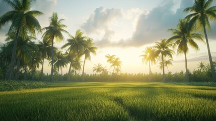 Palm Trees and Lush Green Grass Field Under a Cloudy Sky