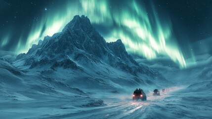 Snowy landscape with northern lights and vehicles on a road.