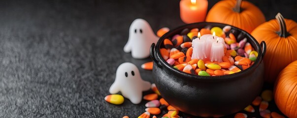 Obraz premium Candy-filled cauldron surrounded by pumpkins and ghost candles, Halloween candy festivity, concept