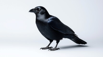 Obraz premium Close-up of a black raven with detailed feathers standing against a light background, showcasing its sharp beak and intense gaze.