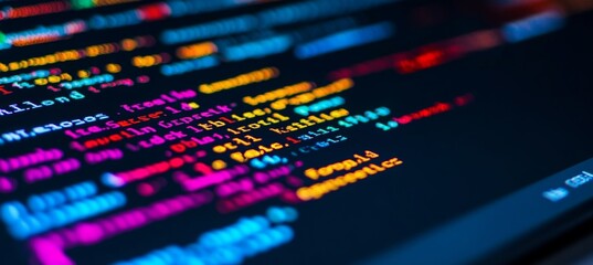 Abstract Colorful Programming Code on Black Background, Software Development and Technology Concept