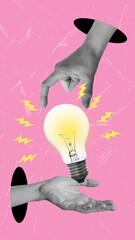 Contemporary art collage artwork featuring a hand and a light bulb.