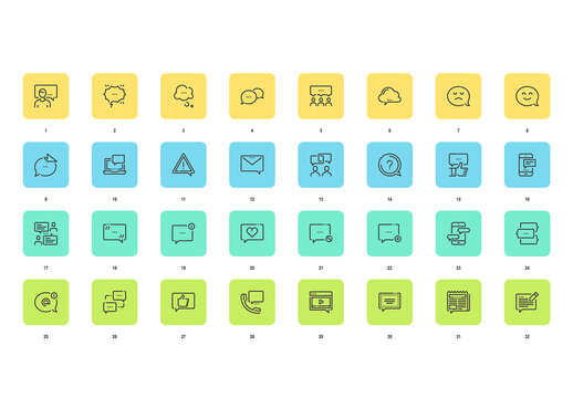 Vector set of speech bubbles flat line web icons. Each icon with adjustable strokes neatly designed on pixel perfect 48X48 size grid. Fully editable and easy to use.