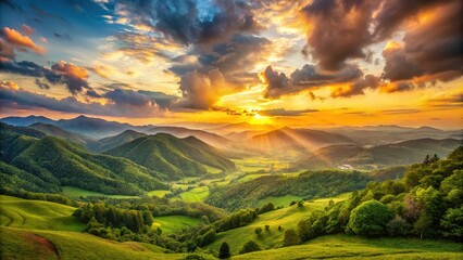 sunset in green mountains valley with wide-angle perspective