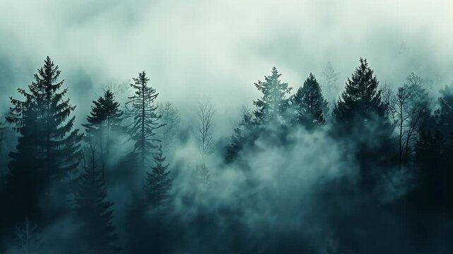 Tall pine trees stand shrouded in mist on a foggy morning
