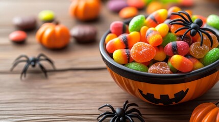 Festive Halloween candies in a spider-themed bowl, on a wooden table, Halloween candy charm, concept