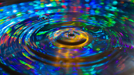 A stunning indoor shot captures a water droplet, its surface reflecting intricate patterns and...