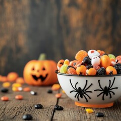 Festive Halloween candies in a spider-themed bowl, on a wooden table, Halloween candy charm, concept
