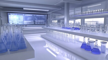A high-tech lab showcasing a 3D printer, digital display, and beakers filled with colorful liquids, sleek and modern environment.