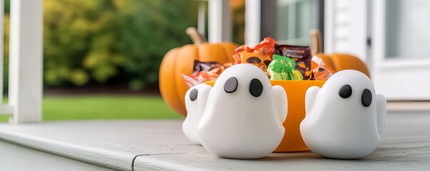Halloween candy in ghost-shaped containers, placed on a porch, Halloween candy setup, concept