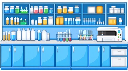 Cutting-edge lab with a 3D printer in action, surrounded by beakers, test tubes, and a digital control panel.