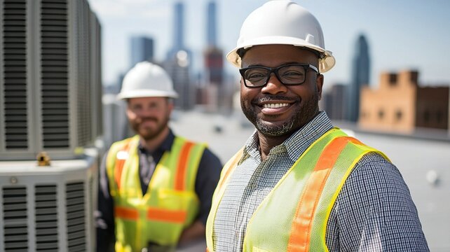 HVAC technicians in hard hats and reflective vests by air conditioning units on a rooftop, one smiling at the camera. Bright sky and room for copy space on the left.
