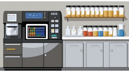 High-tech lab featuring a 3D printer and digital control panel with beakers and test tubes arranged neatly. No logos.