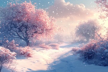 A snowy path winds through a winter wonderland, with trees dusted in pink snow and a hazy, golden sunlight filtering through the branches.