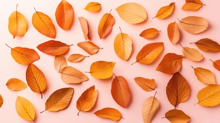 Autumn-themed composition with scattered dry orange and brown leaves on a light pastel background, featuring vivid seasonal foliage in various shapes and sizes.