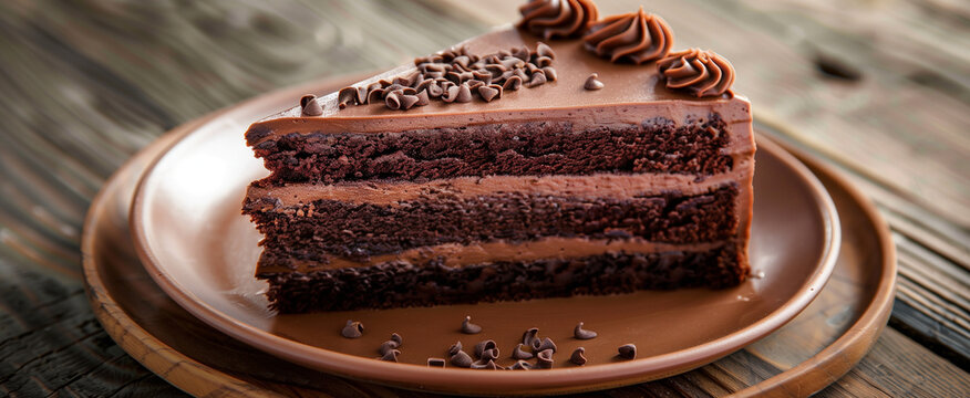 Slice of a tasty triple layered homemade chocolate cake on a plate, wooden table, professional dessert display, magazine style photo