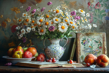 A vibrant still life with flowers and fruits on a rustic table