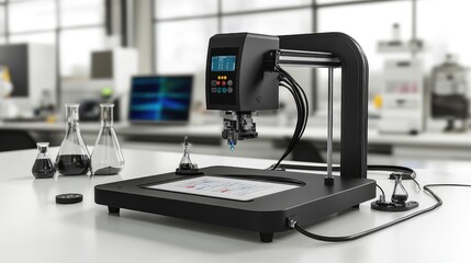 Modern lab setup with a 3D printer in focus, beakers filled with chemicals, and a glowing digital display.