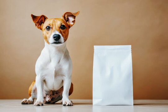 dog sitting next to blank white pet food packaging on a beige background, pet food advertisement, branding, packaging mockup design