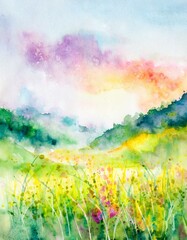 Fototapeta premium Watercolor illustration of a meadow blowing through the wind.
