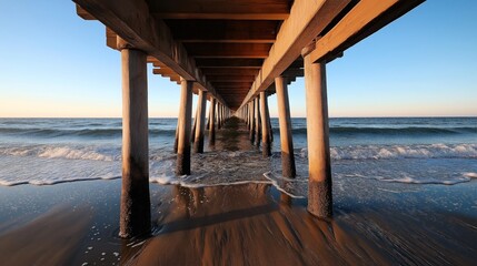 Underneath view of a wooden pier stretching out over the ocean with gentle waves washing onto the sandy beach at sunset.