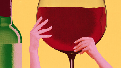 Hand holding giant wine glass filled to the brim. Indulgence and appreciation of wine. Contemporary art collage. Concept of drink, winery, taste, party, wine culture, wine and dine