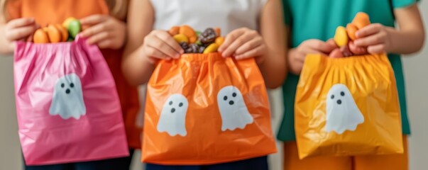 Kids holding candy bags with ghost and pumpkin designs, Halloween candy collection, concept