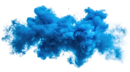 Blue smoke explosion forming abstract patterns mid-air, isolated on a crisp white background.