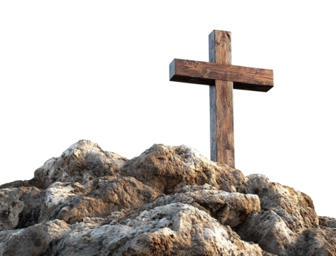 Wooden cross on a rocky hill with stones, isolated on transparent cutout background