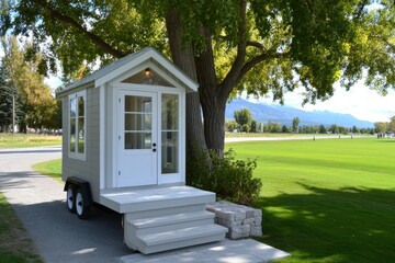 Tiny House On Wheels Under Tree With Stone Steps