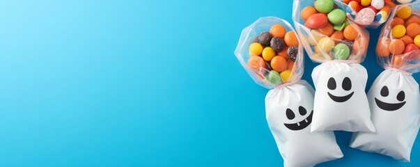 Fototapeta premium Overhead shot of candy bags with ghost faces, filled with colorful treats, Halloween candy collection, concept