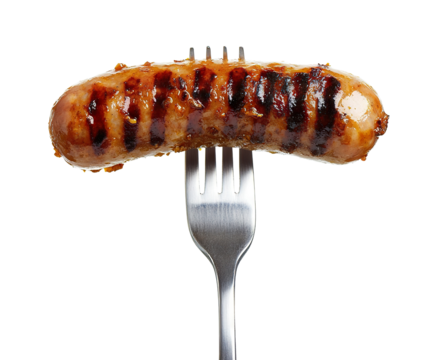 Delicious grilled juicy sausage on fork, isolated on transparent cutout background