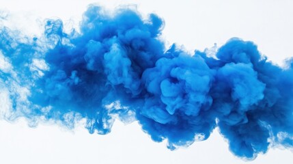 Blue smoke explosion forming abstract patterns mid-air, isolated on a crisp white background.