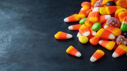 Pile of Halloween candy scattered on a dark, foggy background, Halloween candy scene, concept