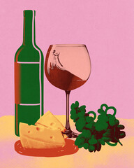 Green bottle, wine glass with wine, cheese, and bunch of grapes on pink background. Minimalist, pop-art style. Contemporary art collage. Concept of drink, winery, party, wine culture, wine and dine